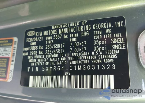 2021 Kia Sorento Lx from USA, damaged, VIN 5XYRG4LC1MG031323